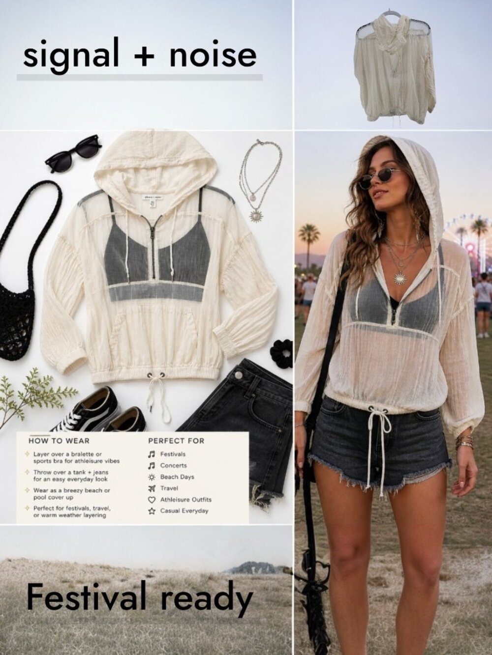 Silence + Noise Sheer Mesh Hoodie Cream Zip Up Lightweight Layer XS Festival